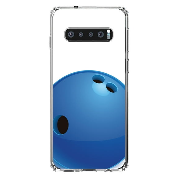 DistinctInk Clear Shockproof Hybrid Case for Samsung Galaxy S10 (6.1" Screen) - TPU Bumper, Acrylic Back, Tempered Glass Screen Protector - Blue Bowling Ball