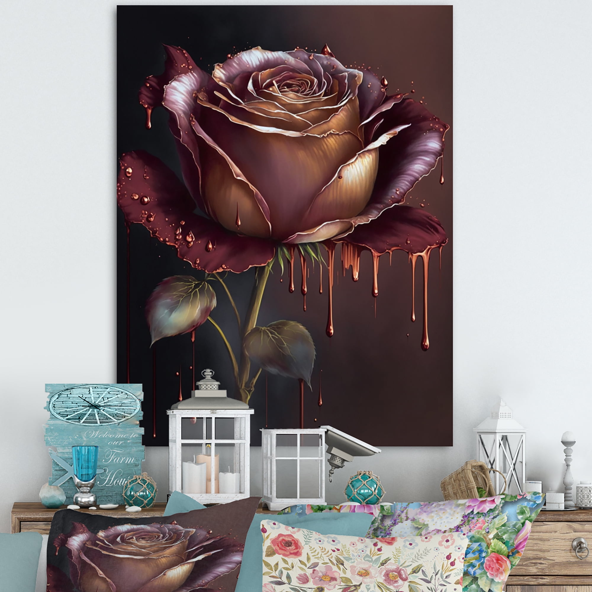 Designart Red Paint Drip Rose II Canvas Wall Art