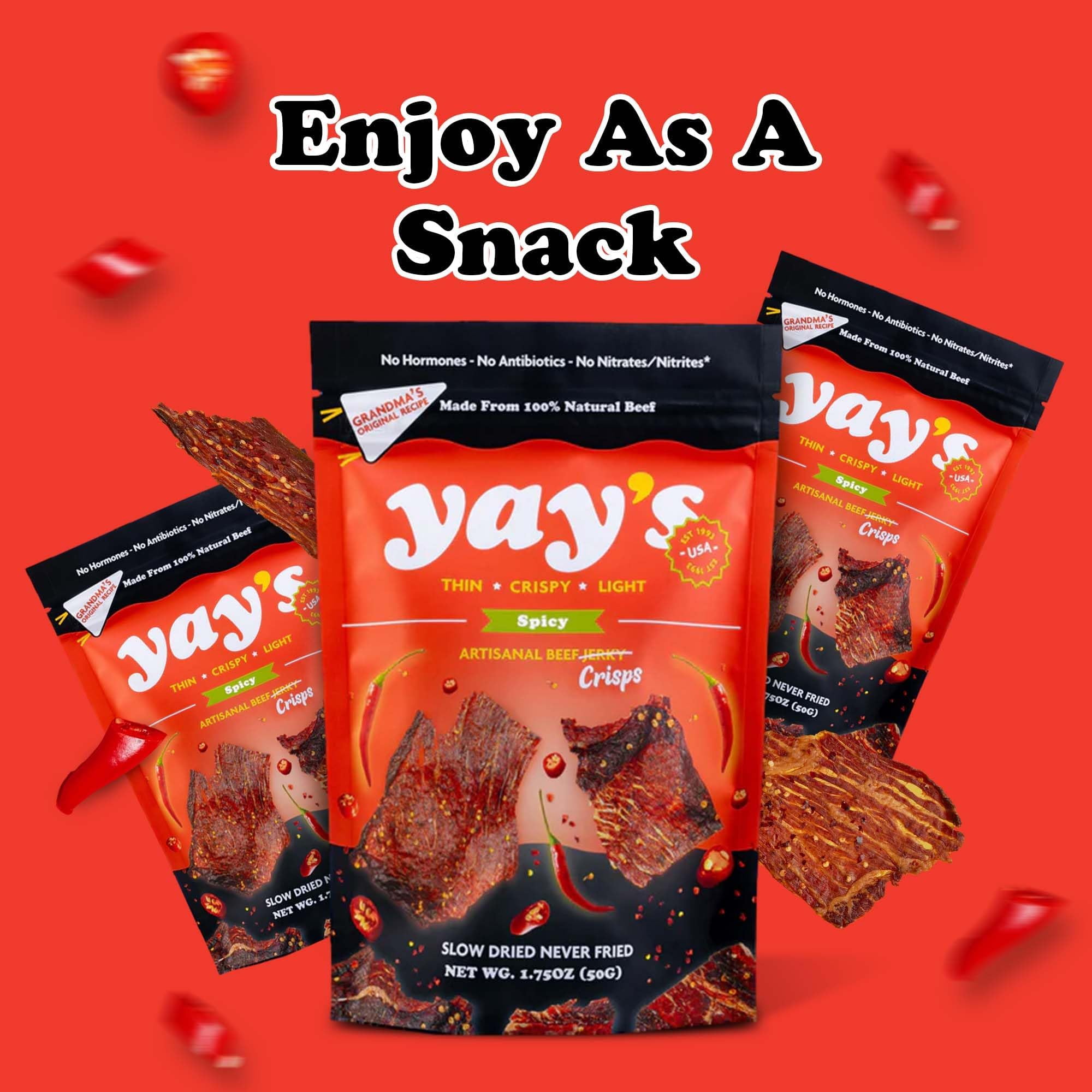Yay's Snacks Sweet and Spicy Beef Crisps | High-Protein Ready-to-Eat Crispy Crunchy Chipped beef | Spicy Beef Jerky with 24g Protein per Bag, Non-GMO Healthy Meat Snack, Made in USA pack of 1(1.75 oz