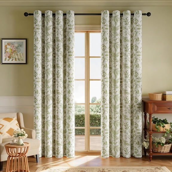 Vintage Leaf and Floral Print Blackout Curtains Set of 2 Panels, Grommet Top Linen Textured Drapes, 52"W x 84"L, Green