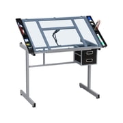 Drawing Desk Adjustable Glass Drafting Table, Versatile Art Craft Station for Diamond Painting Artists Writers, with Slide Rolling Wheels and Drawers for Home Office Study, Gray