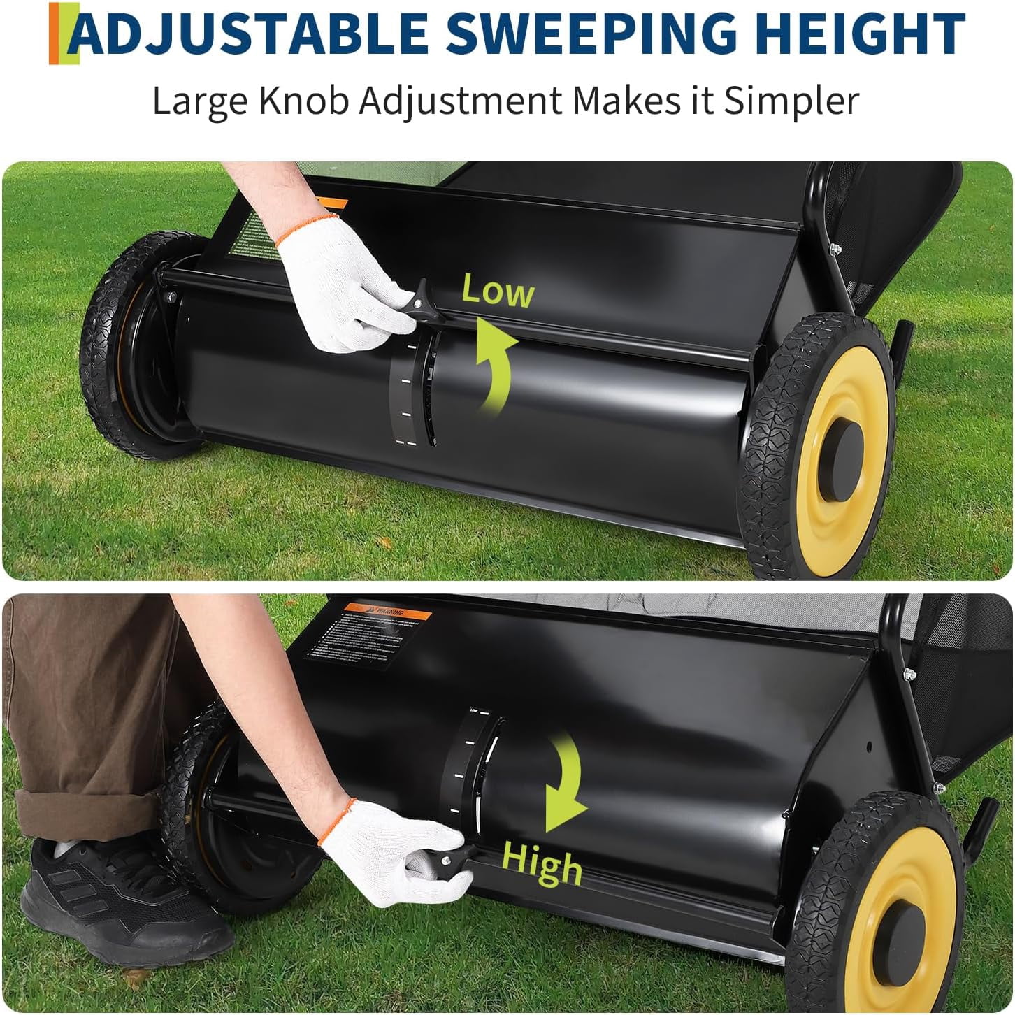 Black 21 Inch Push Lawn Sweeper, Leaf & Grass Collector, Strong Rubber Wheels & Heavy Duty Thickened Steel Durable to Use with Large 3.5 Cu. ft Hopper Bag, 4 Spinning Brushes