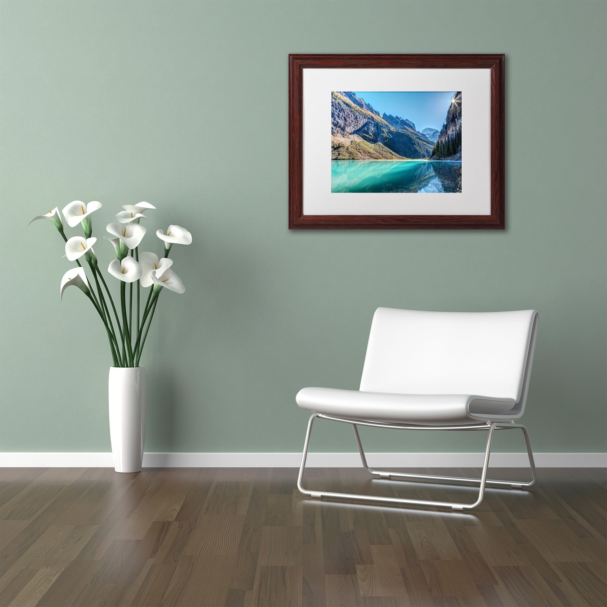 Trademark Fine Art 'Lake Louise Sunburst' Canvas Art by Pierre Leclerc, White Matte, Wood Frame