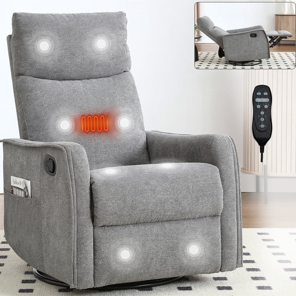 Aukfa Swivel Rocker Recliner Glider Chair with Heat & Massage for Adults, Living Room, Gray
