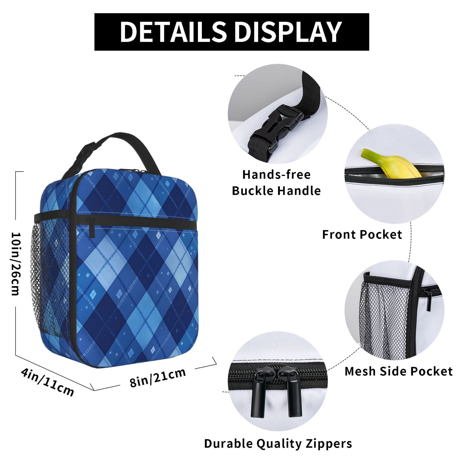Lunch Bag For Women Men Insulated Portable Lunch Box Bento Box Office Picnic Travel Cooler Bag Blueviolet Moroccan Buffalo Plaid Tartan Check Hand-Drawn Sketch_2