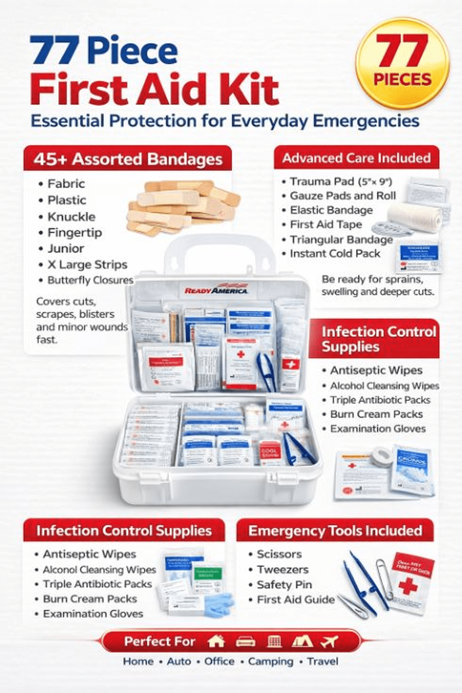 (2 pack) Ready America 77 Piece First Aid Kit Value Pack for Emergencies