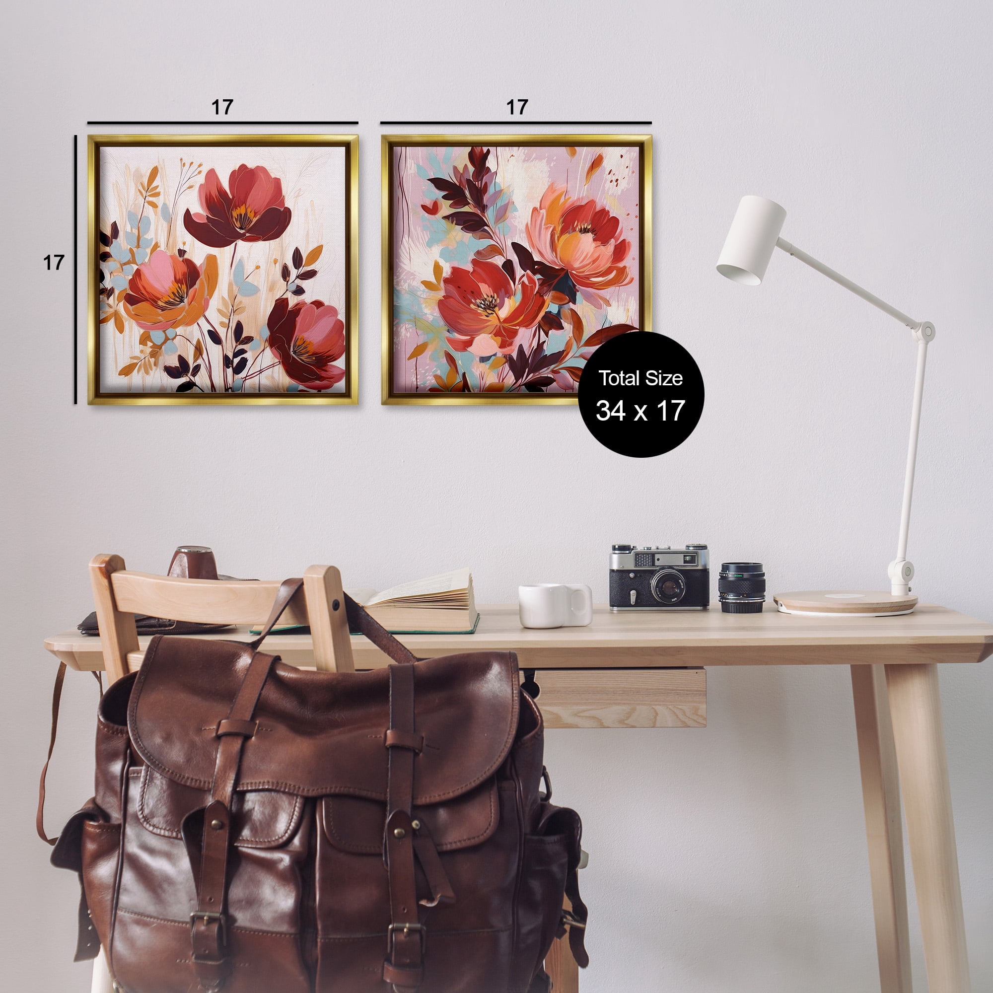 Stupell Industries Red Modern Flowers Botanical & Floral Painting Gold Floater Framed Canvas Art Print Wall Art, 18 x 18, Set of 2