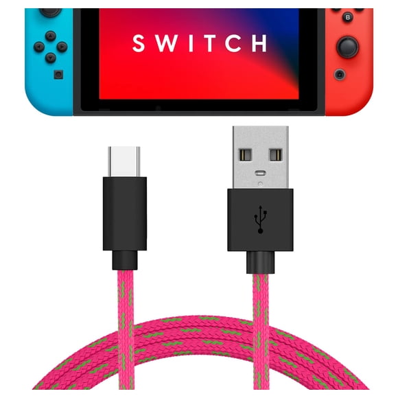 TalkWorks USB C Charger Cable for Nintendo Switch/Lite + Switch OLED & Pro Controller – 6ft Nylon Braided USB Type C Charging Cable – Pink & Green Mix
