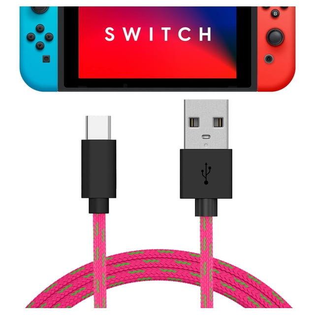 TalkWorks USB C Charger Cable for Nintendo Switch/Lite + Switch OLED & Pro Controller – 6ft Nylon Braided USB Type C Charging Cable – Pink & Green Mix