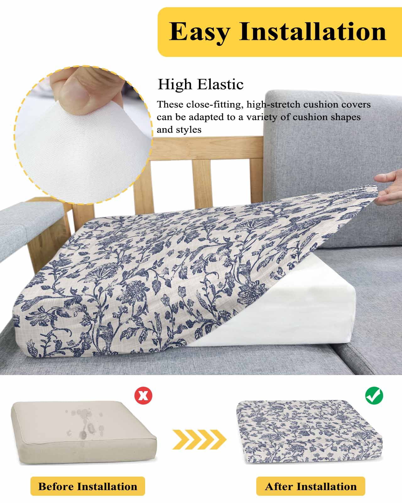 Blue Floral Leaf Couch Cushion Covers Stretch, Washable Sofa Seat Covers Individual Seat Cushion Sofa Slipcovers Retro Farmhouse Plant Tree Branch Couch Cover Furniture Protector S-1PCS
