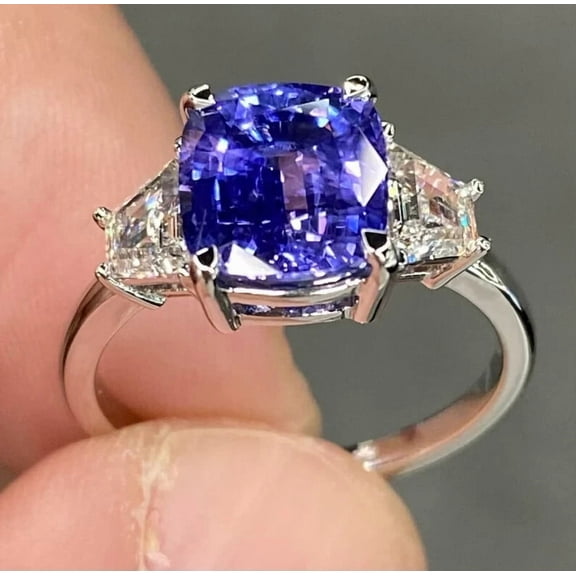 Gems Jewels 2.95 Ctw Cushion Cut Blue Sapphire & Diamond Wedding Anniversary Engagement Halo Ring 14K White Gold Plated 925 Sterling Silver 925 Sterling Silver -6