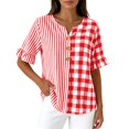 thumbnail image 6 of Womens Cotton Linen Tops Summer Elbow Length Sleeve Tshirts for Women Striped Plaid Printed Ruffled Button V Neck Top, 6 of 6