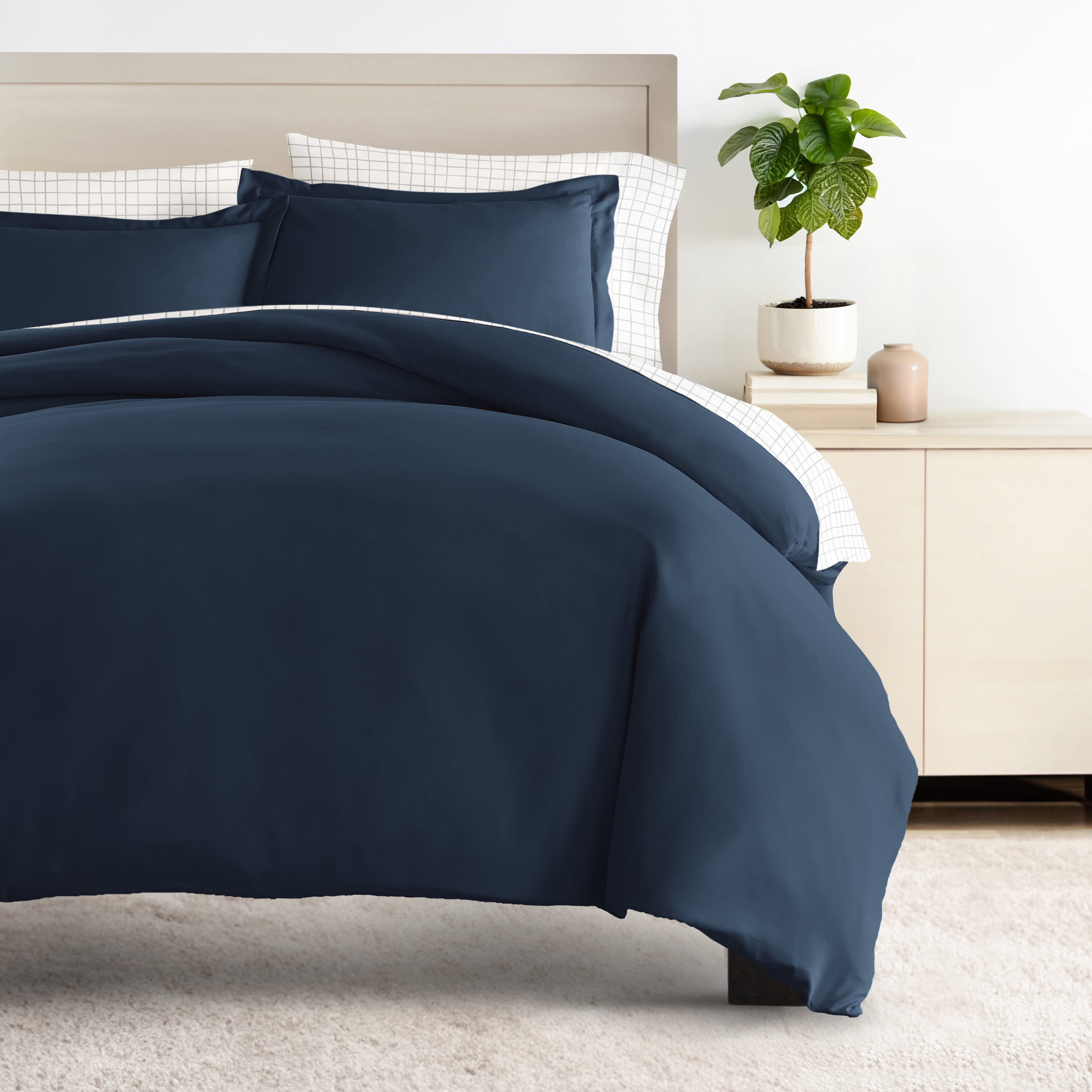 Comfort Canopy - Queen Bedding Bundle, Solid Duvet Cover Set, White Comforter and Patterned Sheet Set