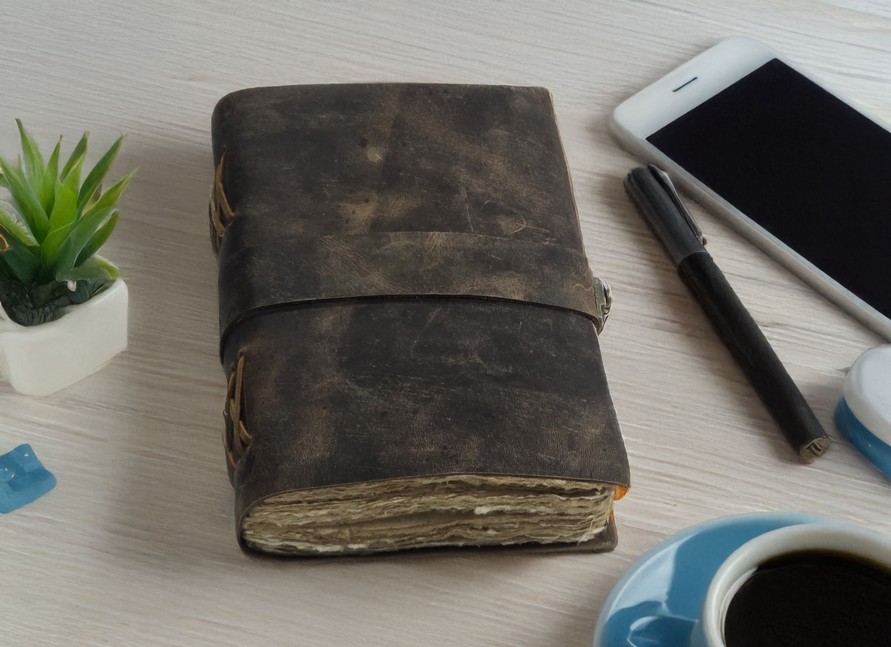 Leather Notebook, 200 Blank Deckle Edge Paper, Handmade Fancy Bound Journal For Women and Men