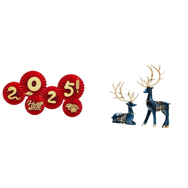 Abanicos plegables festivos,Decoraciones de abanicos de papel para el Año Nuevo Chino 2025,Estatua de ciervo alce,Figuras de ciervos y alces,decoración para el hogar,estatuas de resina,Figura