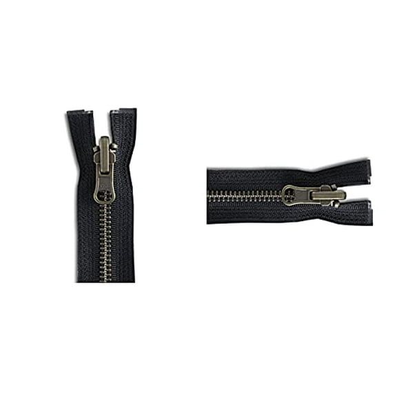 #5 Antique Brass Reversible Medium Weight Metal Separating YKK Jacket Inside/Outside Zipper - Choose Length - Color: Black - 1 Zipper Per Pack - Made in The United States