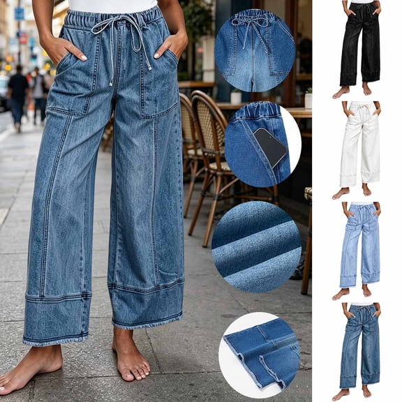 HomeDM Women's Wide Leg Jeans High Waisted Drawstring Baggy Trendy Denim Pants with Pockets Blue L