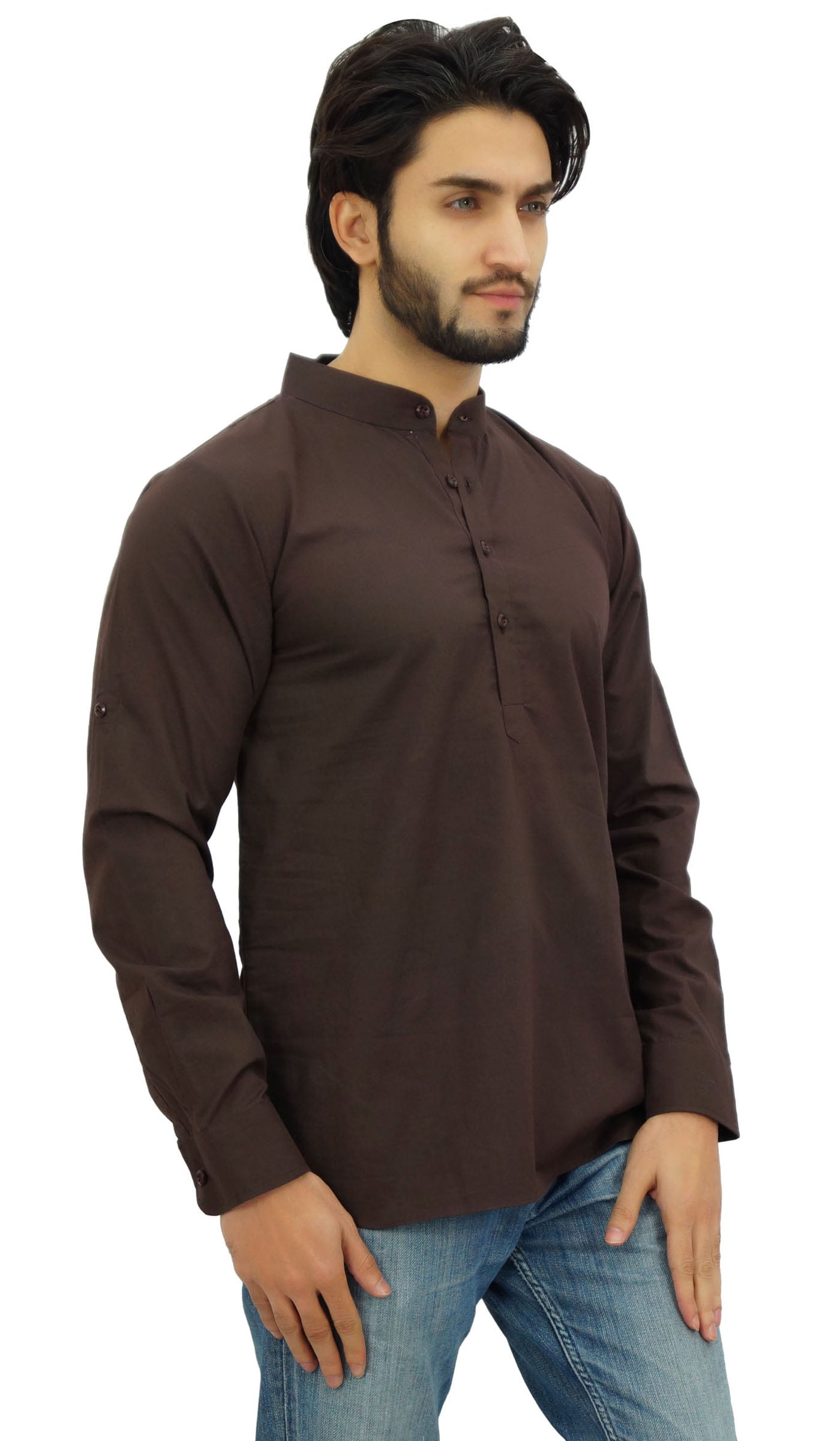 Atasi Men's Ethnic Short Kurta Black Mandarin Collar Cotton Tunic Shirt 