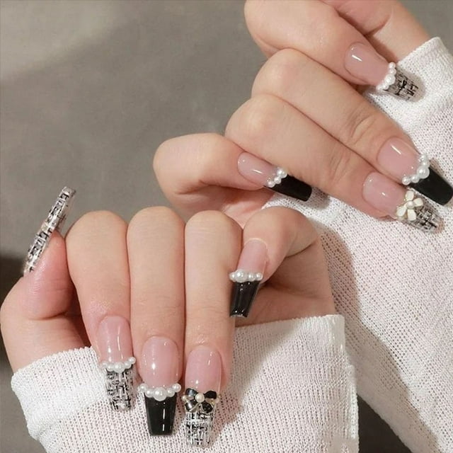 HLONK 24Pcs Gel Press on Nails Gel French Long Fake Nails Press on Tips With Glue Rhinstone with Butterfly NO.13