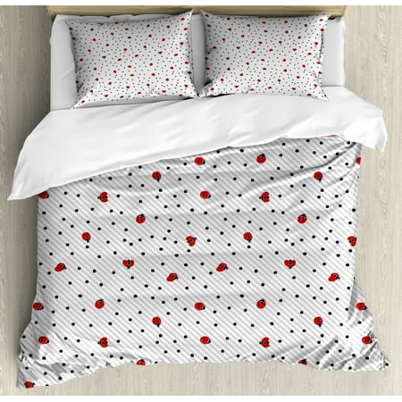 Grey And White Duvet Cover Set Isolated Scattered Little Ladybugs