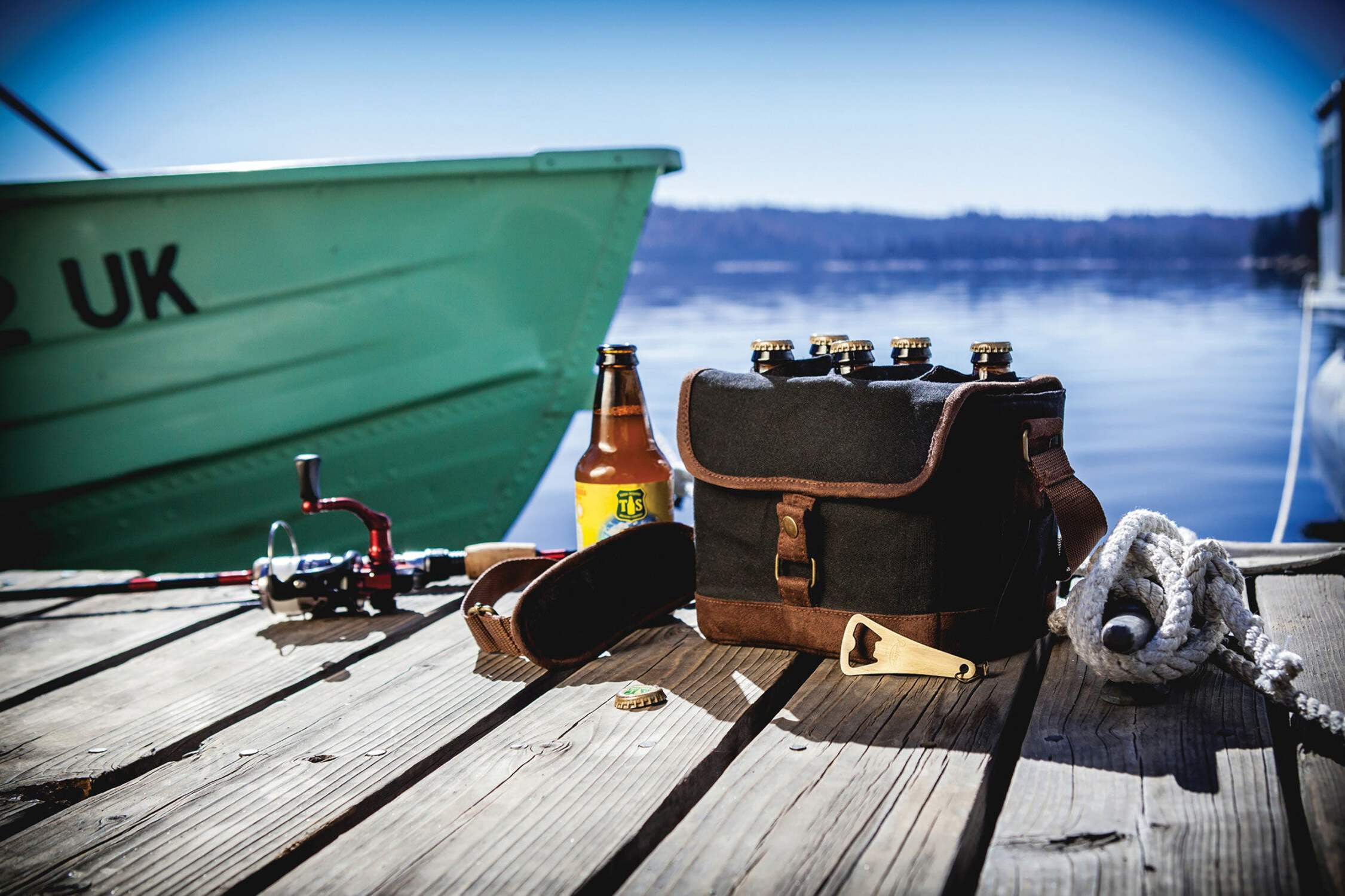 Oniva Beer Caddy - 6-Pack Insulated Beer Cooler Tote Bag with Bottle Opener, Black with Brown Accents
