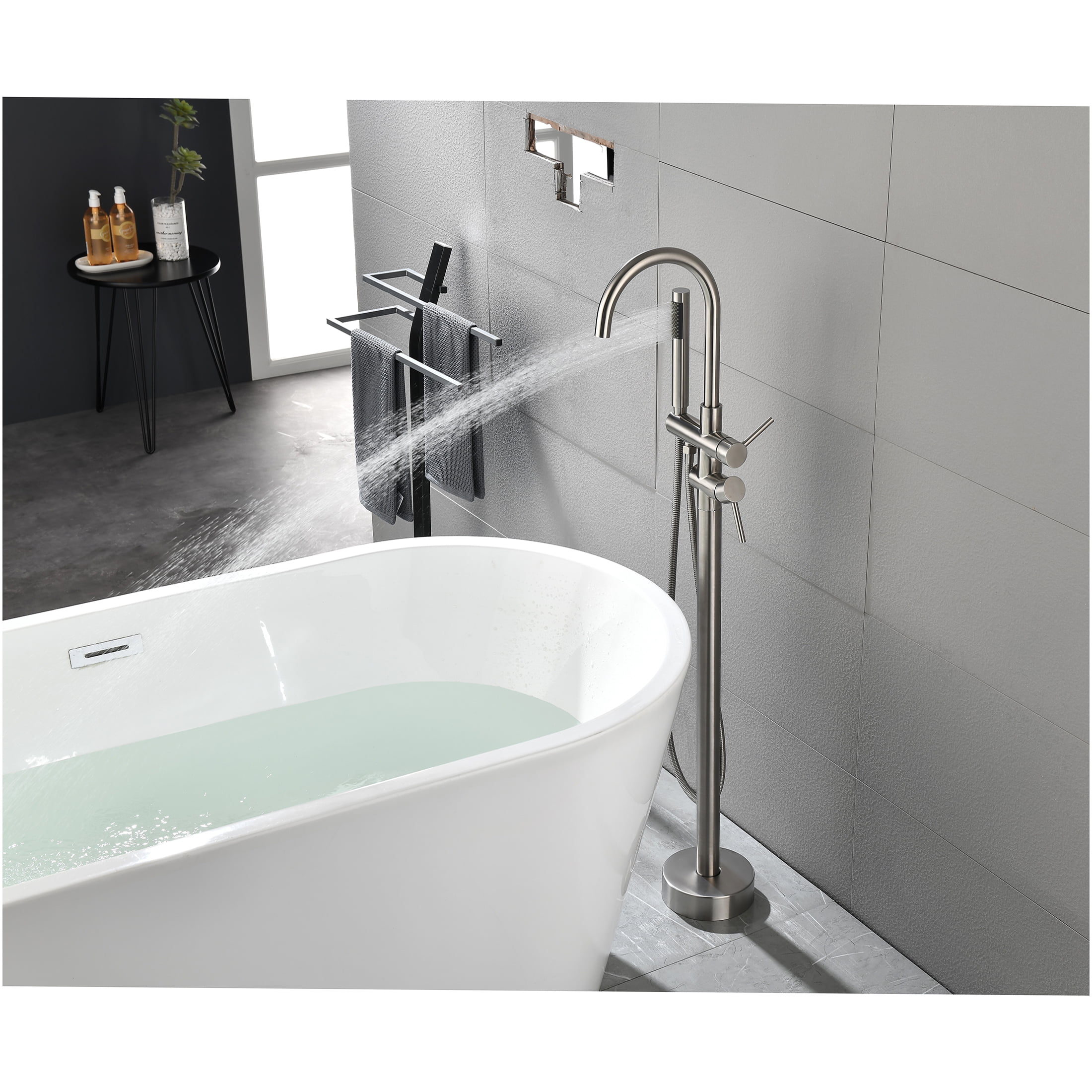 JERFIT Freestanding Tub Filler with Handheld Shower, Floor Mounted Bathtub Faucet in Brushed Nickel, High Flow Swivel Spout for Soaking Tubs