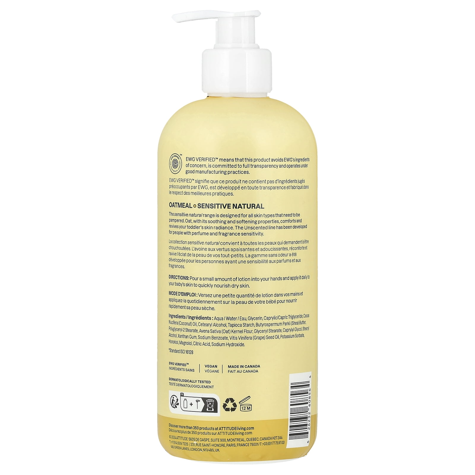 ATTITUDE Baby Oatmeal Sensitive Natural, Body Lotion, Unscented, 16 fl oz (473 ml)