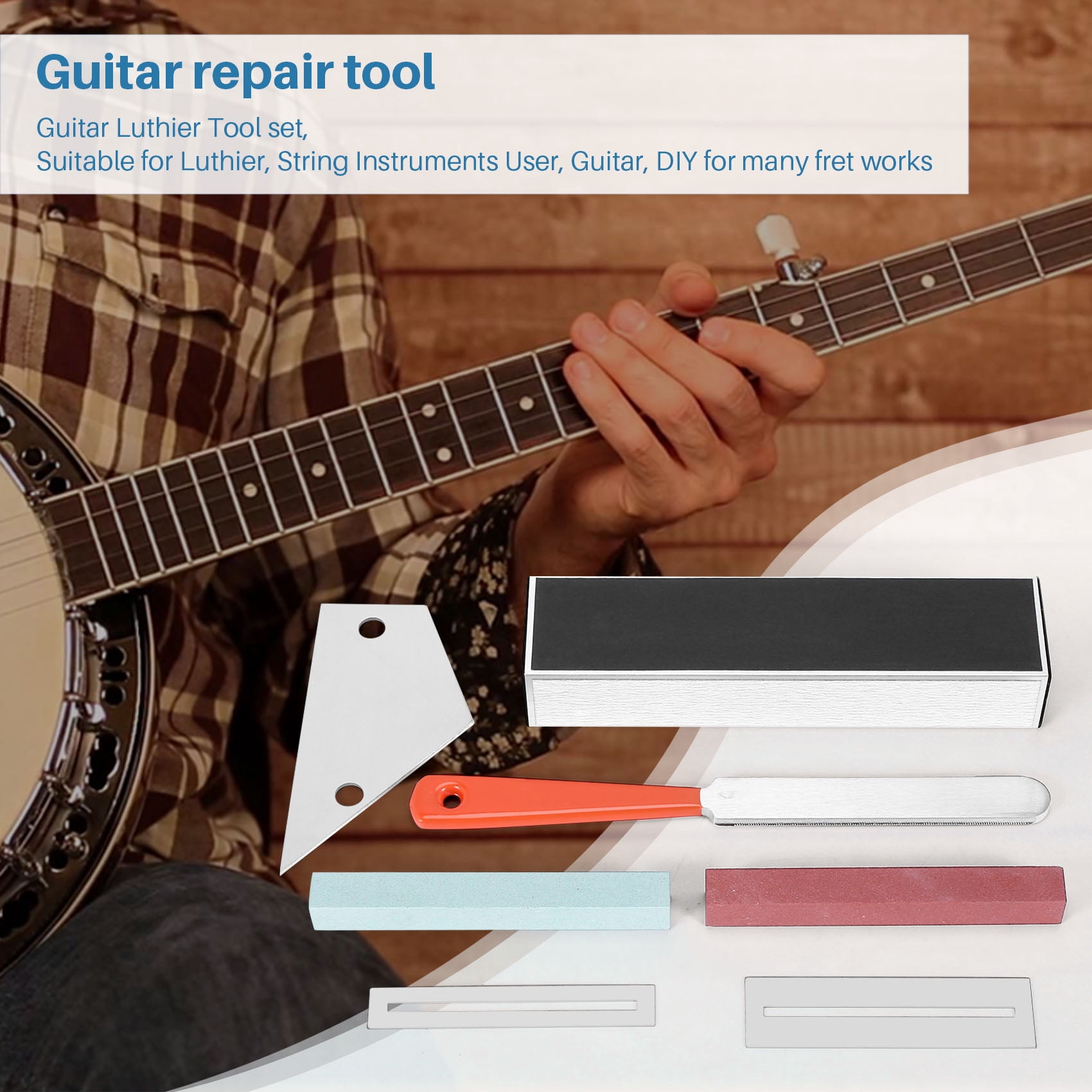 Guitar Luthier Tool Include Fret Leveling Beam,Guitar Fret File,Rocker and Fingerboard Protectors,Grinding Stones,as shown