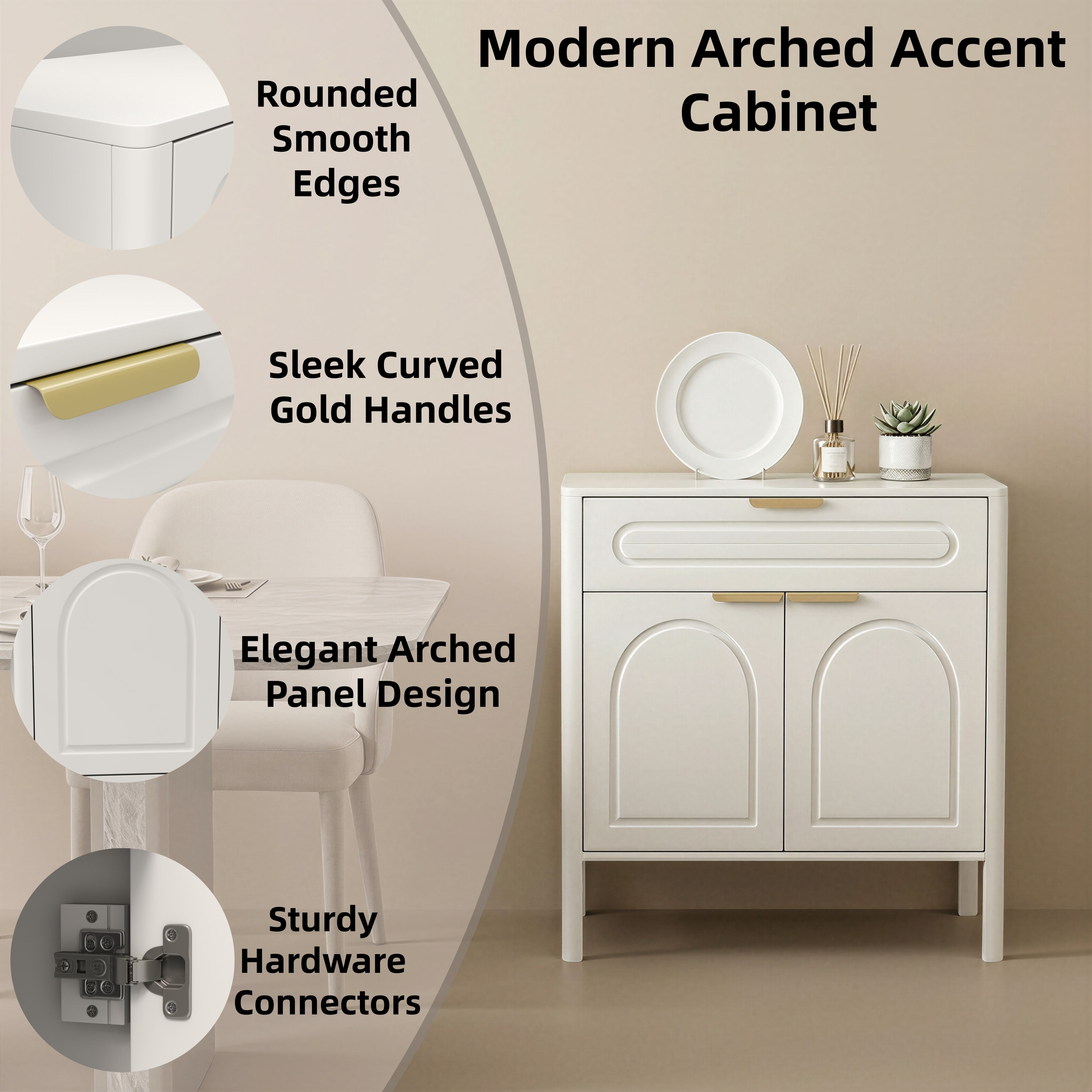 GARITIN Arched Accent Storage Cabinet 29.5 Inch, Freestanding Sideboard Buffet with Drawer and Gold Metal Handles for Entryway Living Room, White