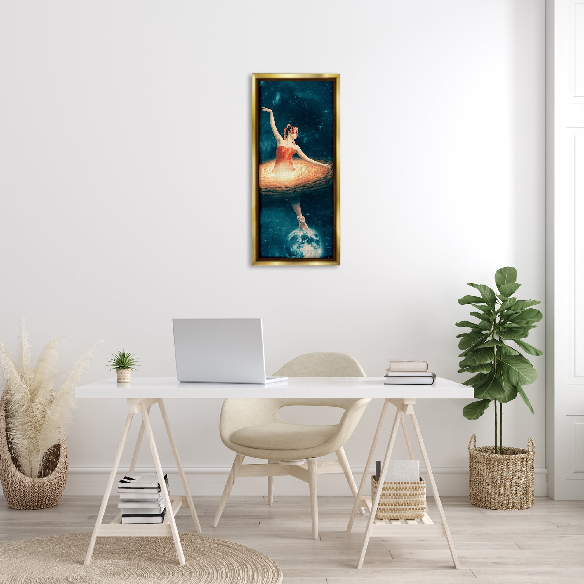 Stupell Industries Dancing Ballerina Surreal Nebula Dress Abstract Painting Gold Floater Framed Canvas Art Print Wall Art, 15 x 31