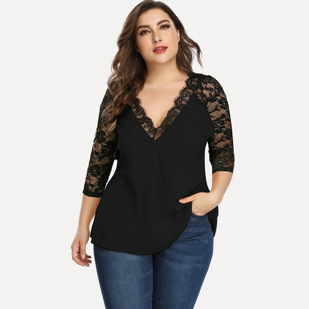Pntutb Camiseta de gasa de manga larga mediana con encaje para mujer con cuello en V y camiseta suelta grande Pntutb Pntutb-4421