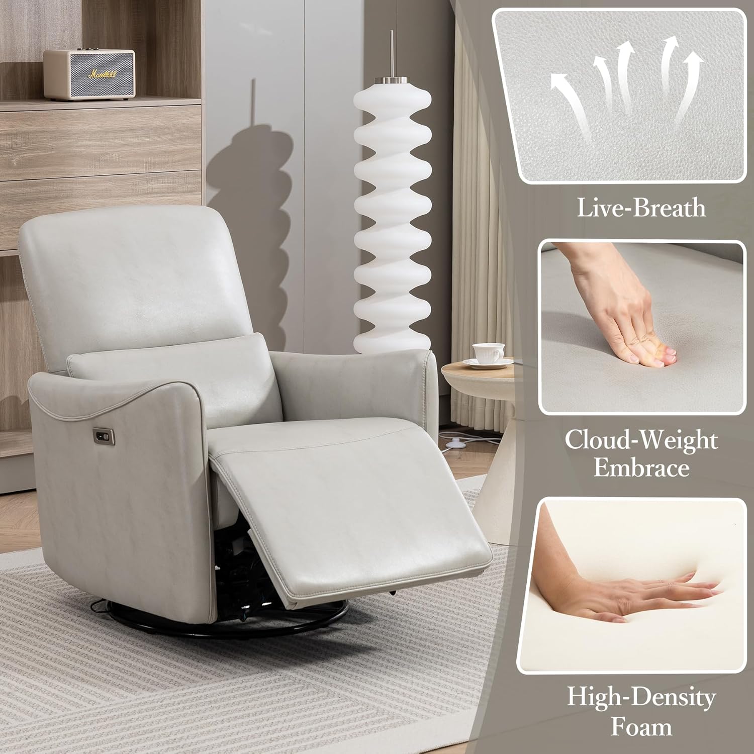 Power Swivel Recliner Chair, Faux Leather Glider Electric Rocking Chair for Adults. Nursery Rocker Single Sofa Chair with Lumbar Support for Living Room. Dual-Port Charging: Type-C&USB, Grey