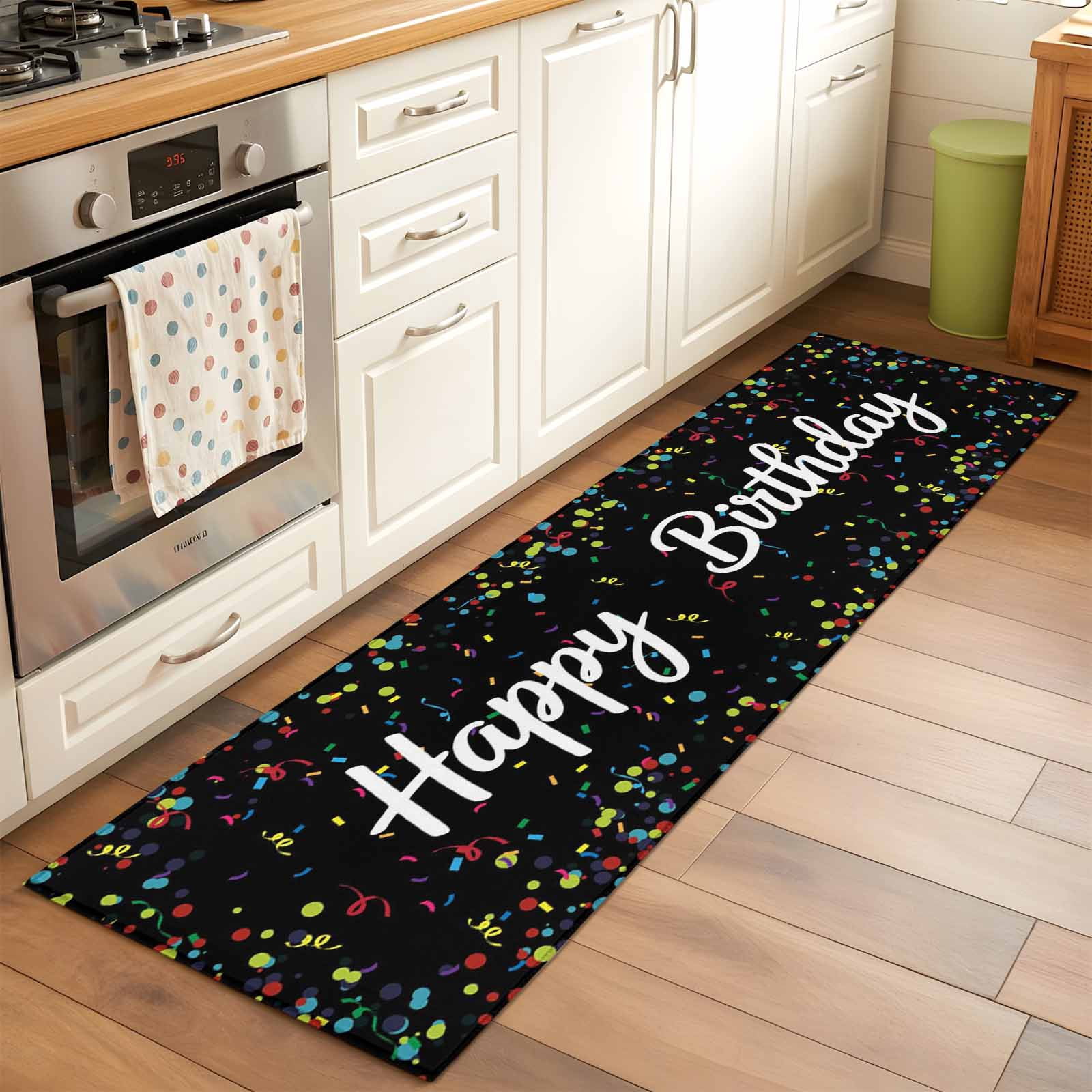 Black Birthday Large Area Rugs for Bedroom Living Room, Soft Non Slip Carpet Bedside Rug, Colorful Confetti Ribbons Polka Dots Classroom Rectangular Floor Cover Kitchen Accent Rug 2'x6' for Office