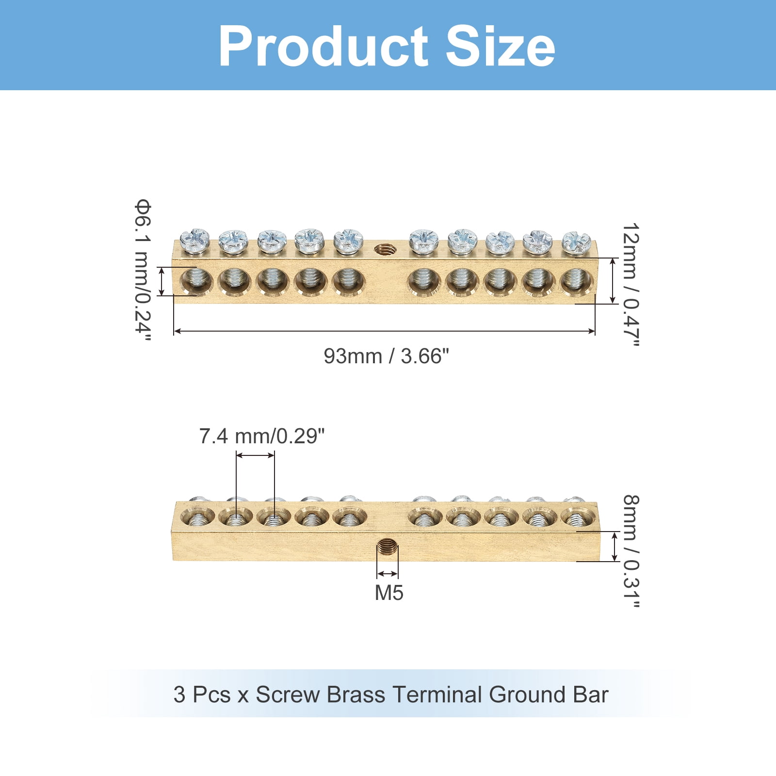 Uxcell 3 Pcs Terminal Ground Bar, 10 Positions Screw Brass Terminal Ground Bar, M5 93x8x12mm Screw Block Barrier Brass for Electrical Devices