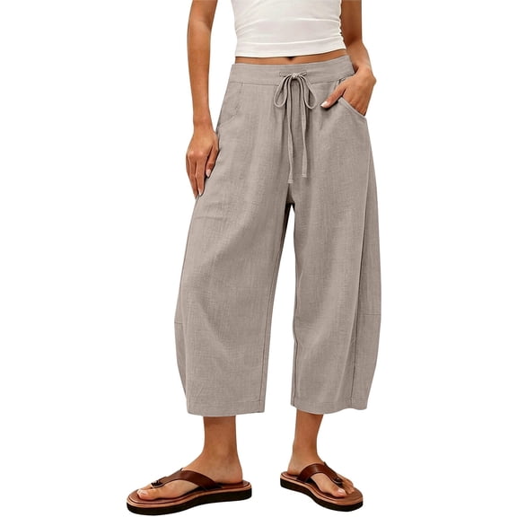 Migroa Women's Barrel Sweatpants Loose Fit Lounge Pants Womens Linen Baggy Harem Pants Wide Leg Lounge Drawstring Barrel Pants Casual Beach Trousers with Pockets Beige L
