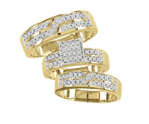 10K Yellow Gold 0.5cttw Designer Diamond His and Hers Trio Wedding Set by Jewelrypot