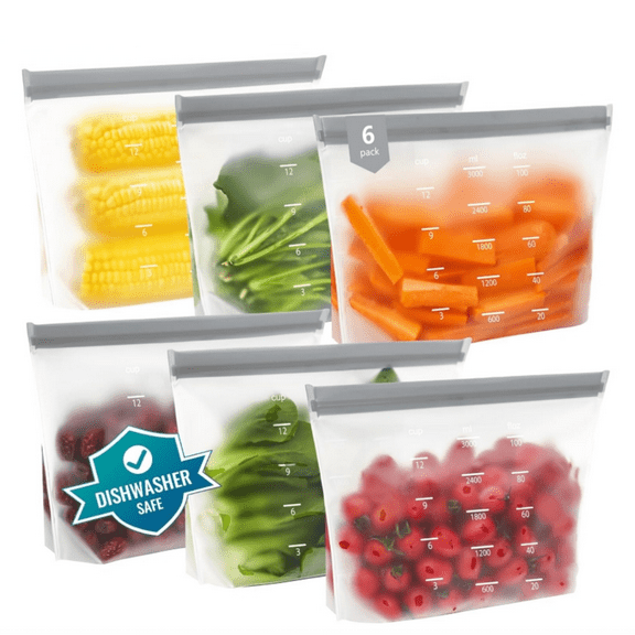 Reusable Bags Dishwasher Safe, Reusable  zer Bags Stand Up, Leakproof Silicone Bags for Food Storage Containers, Salad Fruit, Vegetables, Traval, Home Organization -Gray 6 Gallon