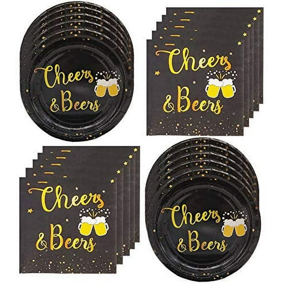 Cheers Beers Birthday Party Supplies,Black and Gold Tablewares(Plates and Napkins),Cheers Beers and Beer Mugs Design Perfect for Graduation Wedding Anniversary Christmas Party Supplies (16 Guest)