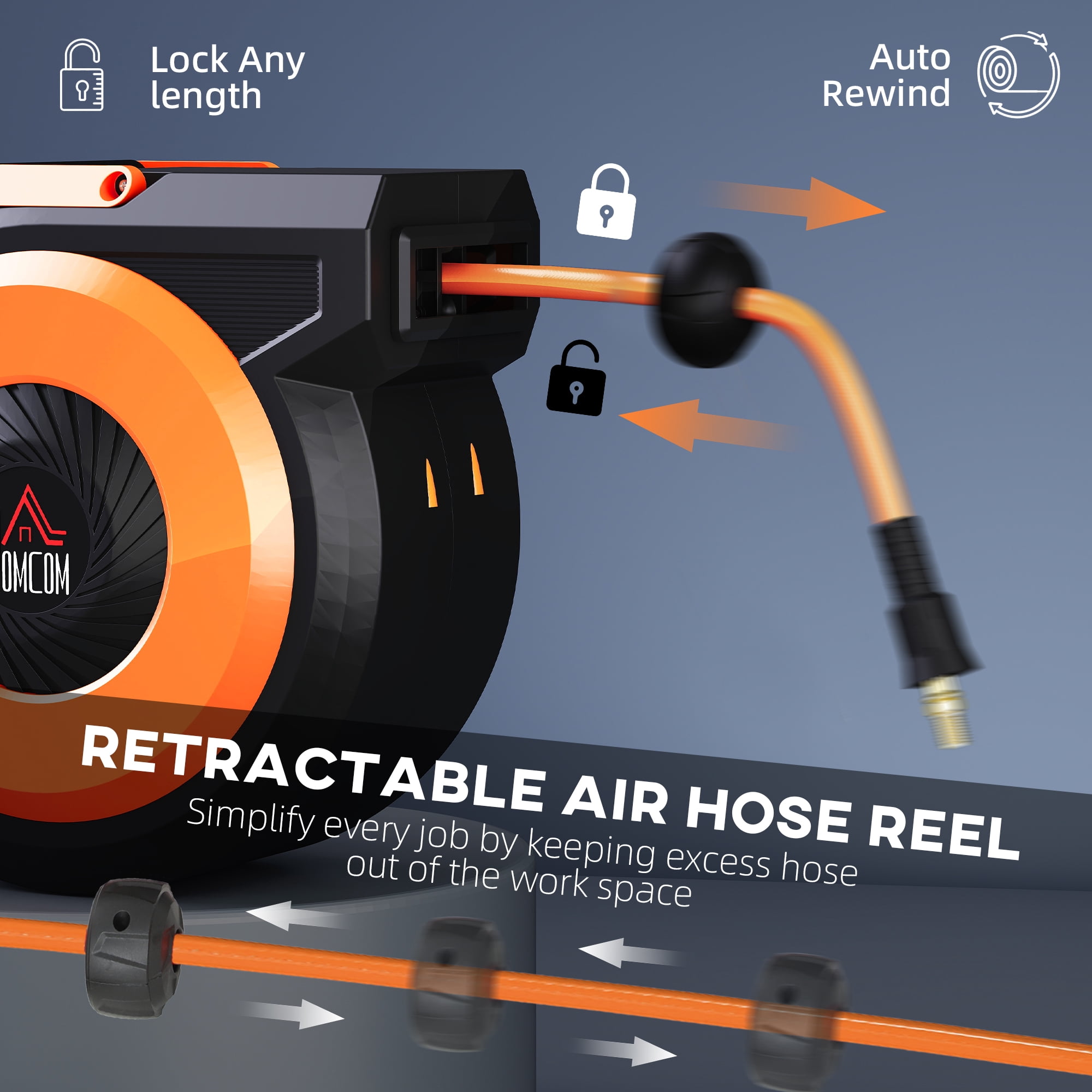 HOMCOM Retractable Air Hose Reel, Auto Rewind Air Compressor Hose Reel with Swivel Bracket, 3/8 in x 98 ft, 6.6 ft Lead in, 300 PSI, Black and Orange
