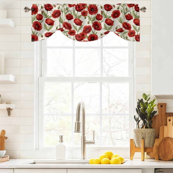 Tie Up Curtain Valances Watercolor Red Flowers,Rod Pocket Shade Valance Adjustable Curtains Floral on Retro Linen Window Treatment for Kitchen Bathroom Living Room Windows,42x12in