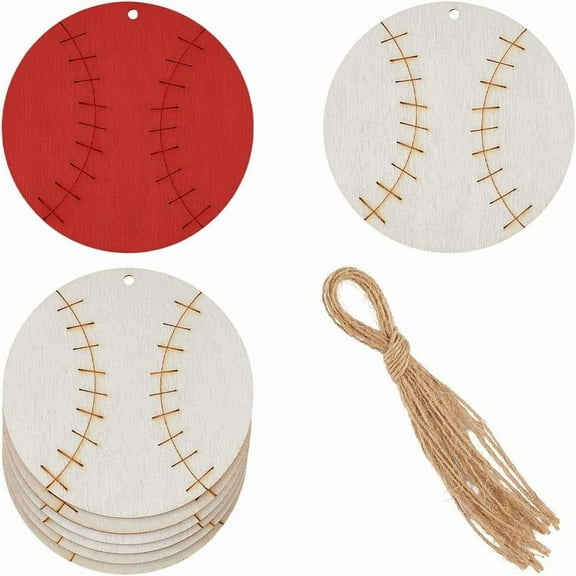 10Pcs Baseball Unfinished Wood Hanging Sports Ball DIY Crafts Cutouts Wooden Baseball Tags Painting Hanging Ornaments with Jute Twines for Card Making Sport Themed Party Decorations