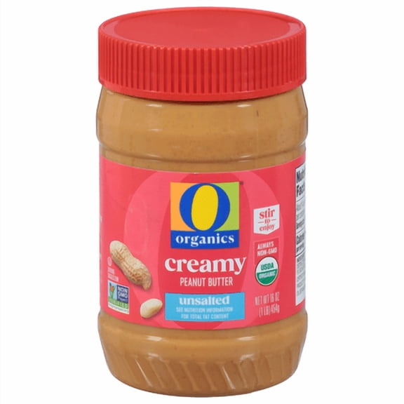 O O Creamy Peanut Butter, Unsalted, Organic, 16 oz