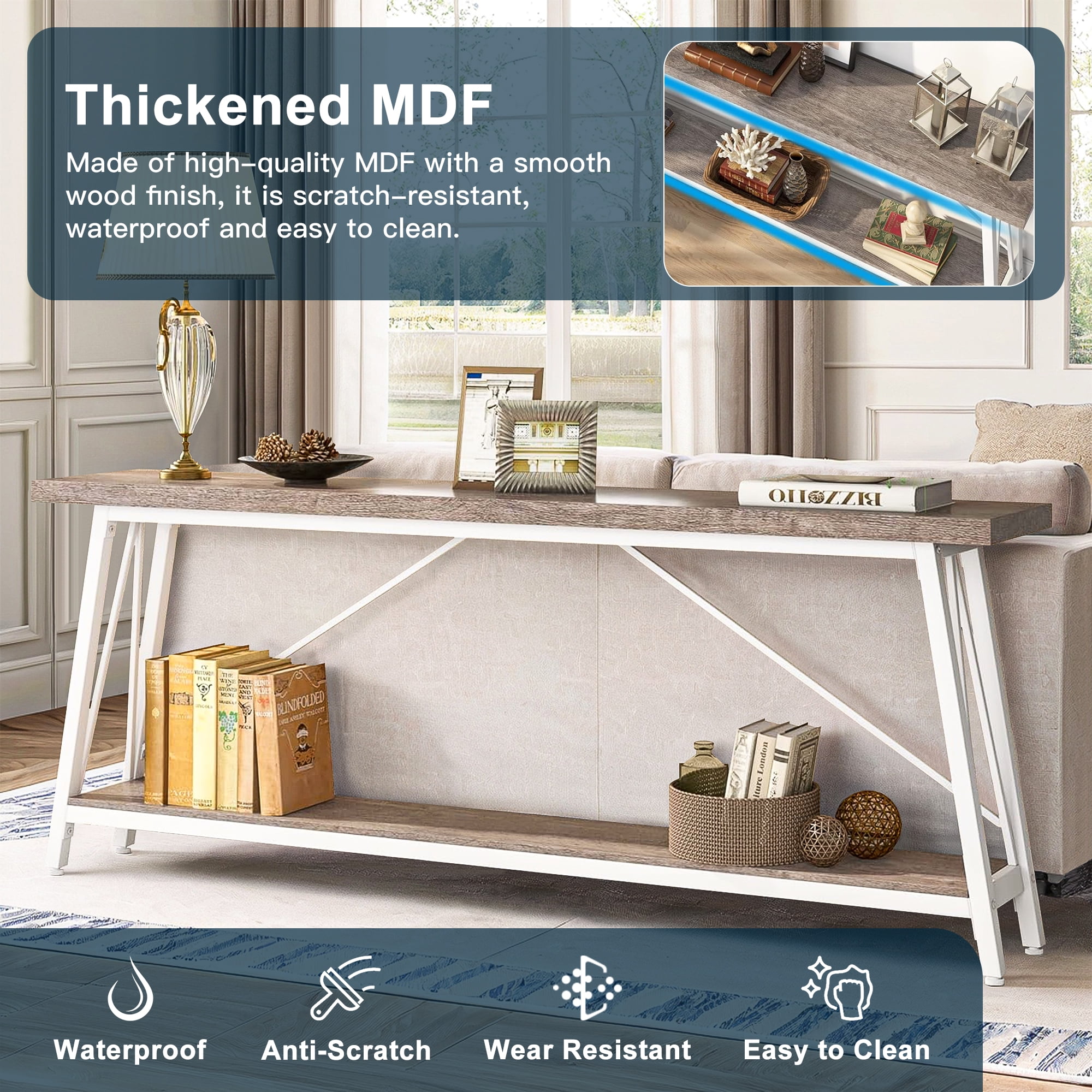 Demi Bonn 70.9" Console Table, Rustic Vintage Narrow Sofa Table for Entryway, Living Room, Hallway, Gray & White