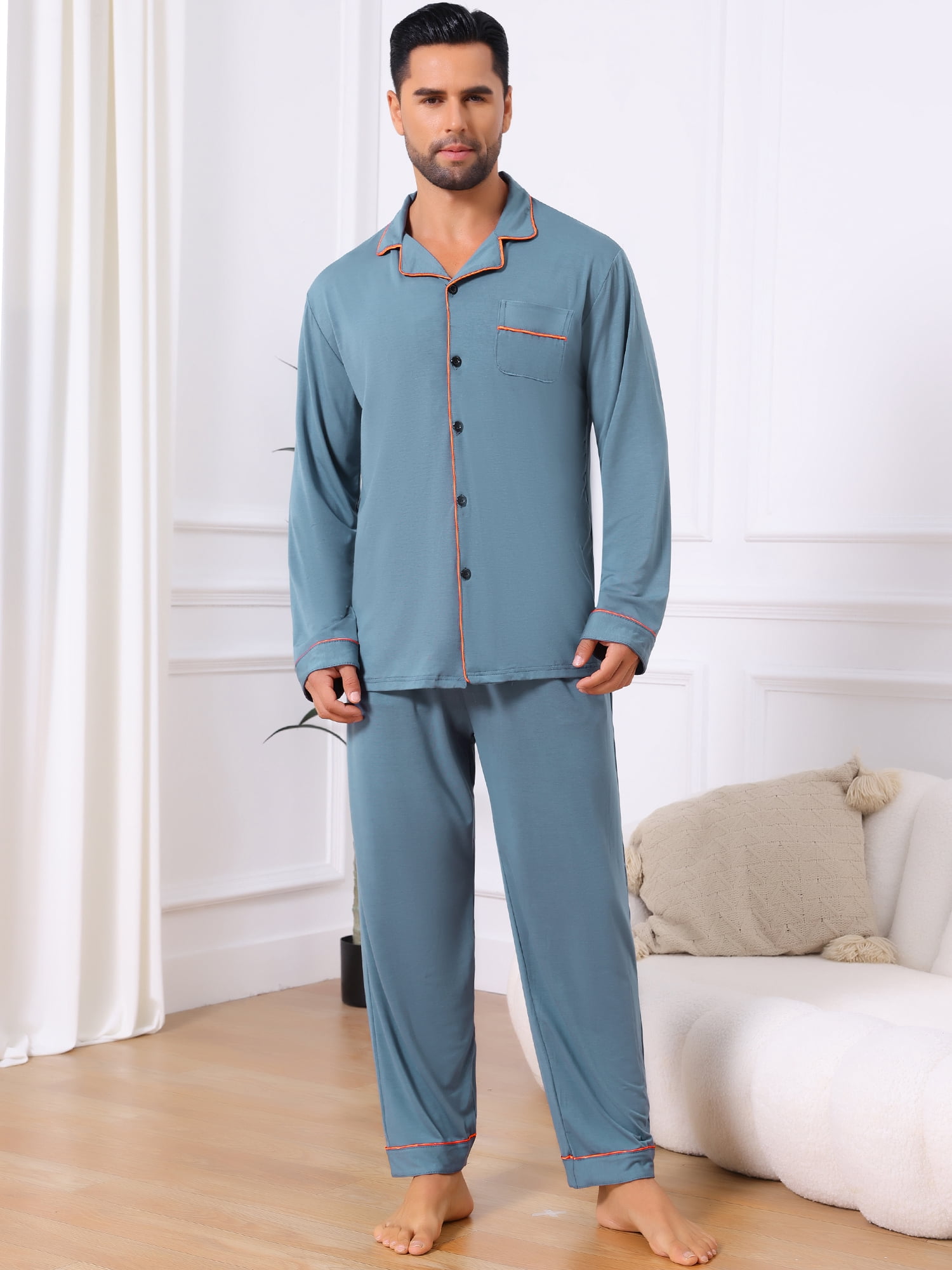DARING DIVA Men's 2-Piece Long Sleeve Solid Color Button Down Pajamas Set S Gray Blue