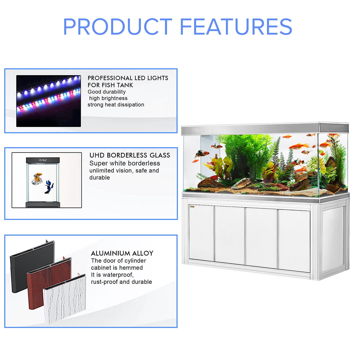 Tempered Glass Aquarium 260 Gallon Fish Tank White and Silver with Premium Filtration System