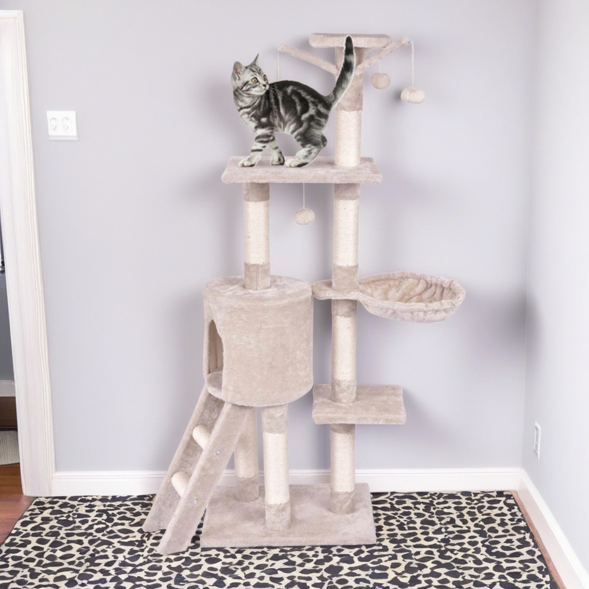 resenkos 56" Cat Tree Tower for Indoor Cats with Ladder, Scratching Posts Cat Condo for Multiple Cats Jump Platform Cat Furniture Activity Center, Beige