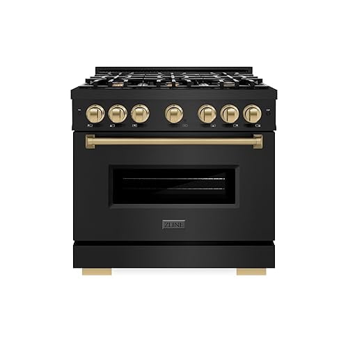 ZLINE Autograph Edition 36 in. 5.2 cu. ft. Classic Dual Fuel Range with 6 Burner Gas Cooktop and Electric Convection Oven in Black Stainless Steel with Champagne Bronze Accents (CDRBZ-36-CB)