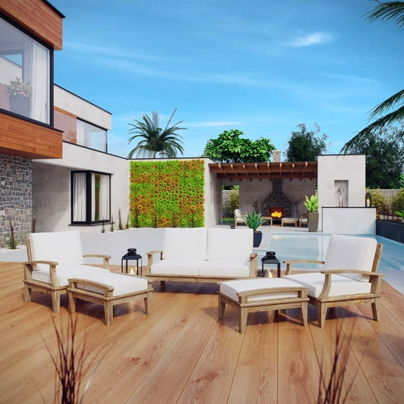 Modway Marina 5 Piece Outdoor Patio Teak Set in Natural White