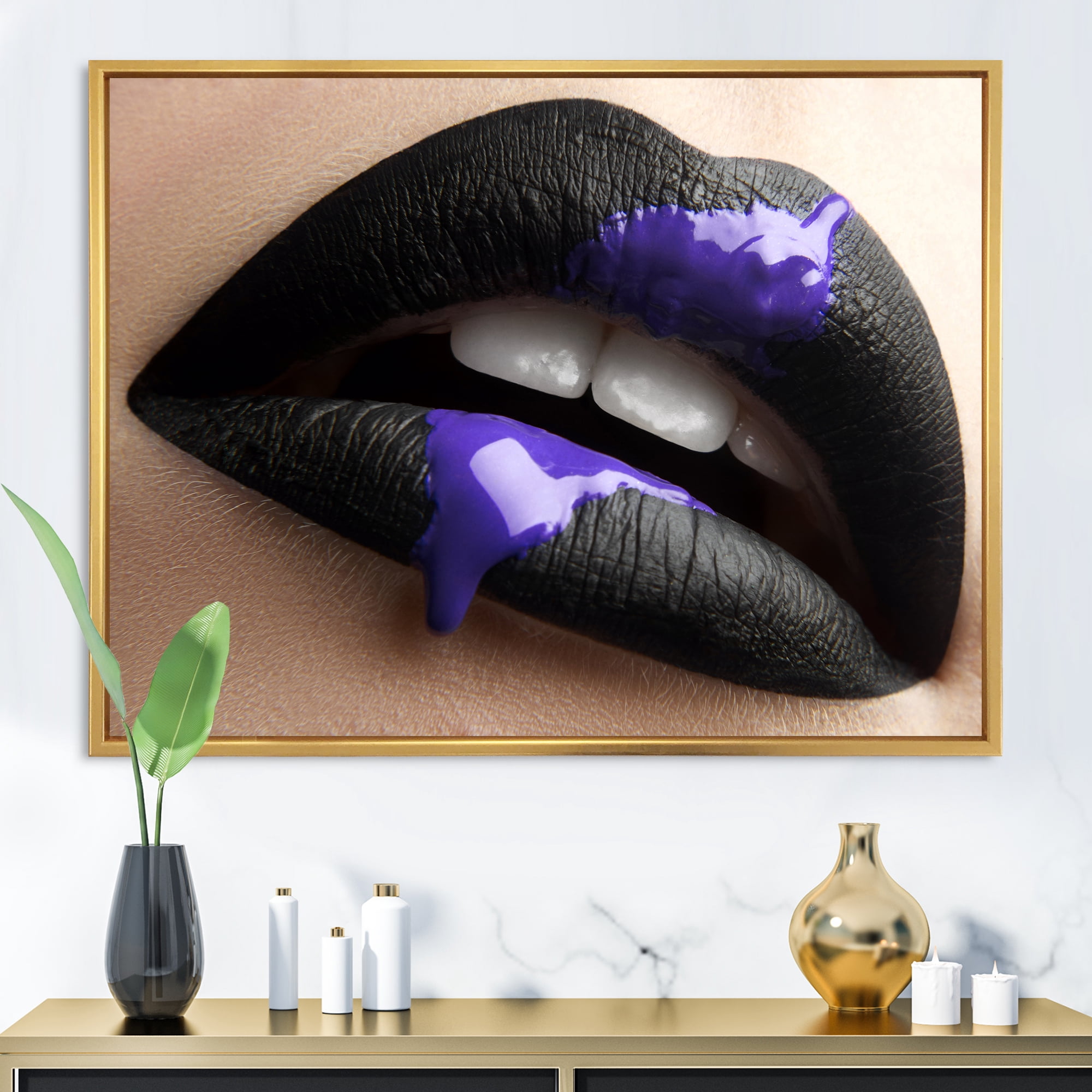 Woman Lips With Black Lipstick & Purple Paint 32 in x 24 in Framed Photography Canvas Art Print, by Designart