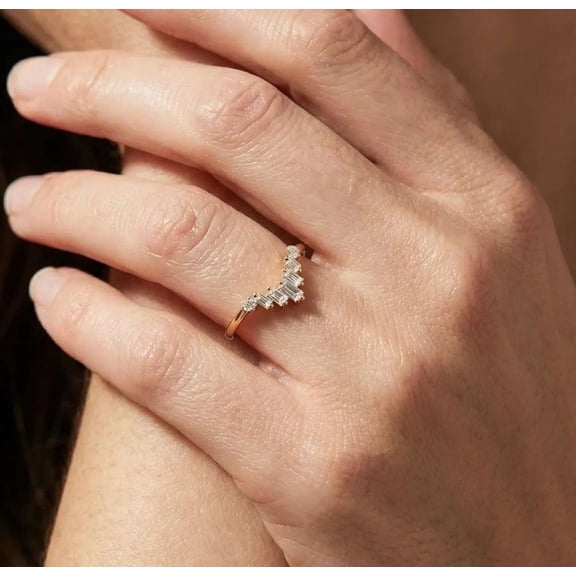 vylahjewellery Baguette Diamond V Shape Engagement Anniversary Rings 10K Vermeil Yellow Gold Dainty Proposal Ring Moissanite Mother's Day Gift for Women